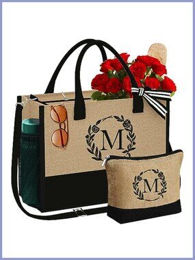 Personalized Jute Tote Bag & Makeup Bag Set Embroidered Initial Zipper Handbag